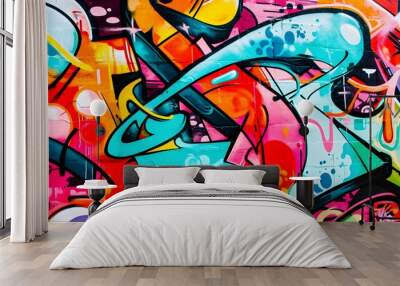 wall scratched with colorful graffiti and drawings. colorful graffiti brick wall urban visual Wall mural