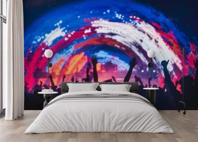 a lively musical performance or festival with silhouetted figures.  Wall mural