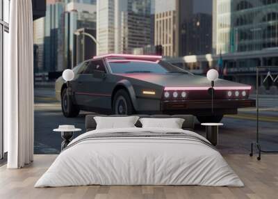 A photo of a futuristic car parked on a city street with skyscrapers in the background. The car has a pink light on the roof.  Wall mural