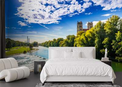 View on summer landscape by St. Maximilian church and Isar in Munich Wall mural