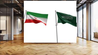 iran israel saudi arabia flag waving top view white isolate background object dicut arab war vs conflict national country politic army government military diplomacy relationship middle east arab fight Wall mural