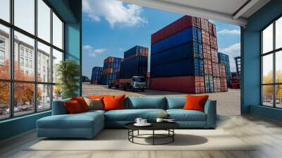 Selective Focus.Warehouse storage terminal container red blue sky background cargo logistic import export shipping port trade construction technology investment commercial industrial international	 Wall mural