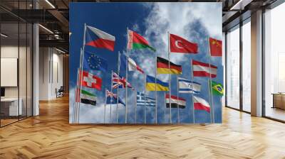 United state of america,ukraine russia,eupore union,poland,england,german,brazil,canada,sweden,japan,africa wave flag all international country global world waving flag on blue sky.3d render  Wall mural