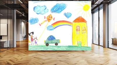 Child's drawing happy family, house, car Wall mural