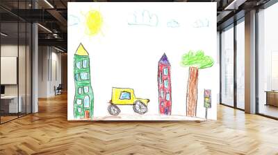 Drawing of the buildings and cars. City road in childish style. Wall mural