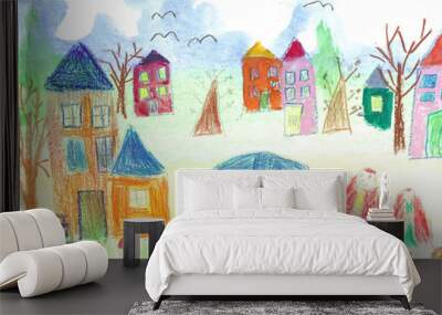 Watercolor children drawing kids Walking Wall mural