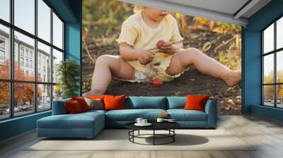 Image of baby girl playing and exploring in a rural setting. Concept of happy childhood, contact with nature, discovery and learning. Wall mural