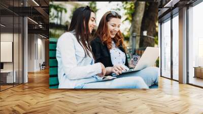 Side view portrait of two young female sitting on a bench looking at a laptop laughing drinking coffee. Wall mural