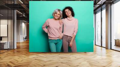 Two young beautiful smiling bwomen in casual clothes posing near blue wall in studio. Positive models having fun. Cheerful and happy Wall mural