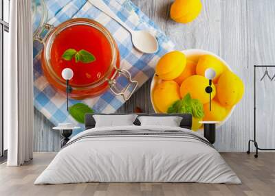 apricot jam fruit fresh brigh twooden background Wall mural