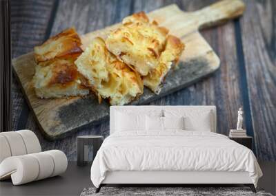 Bakery .Home made  cheese pie  with phyllo pastry and organic eggs. Bulgarian banitsa Wall mural