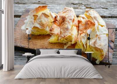 Bakery .Home made  cheese pie  with phyllo pastry and organic eggs. Bulgarian banitsa Wall mural