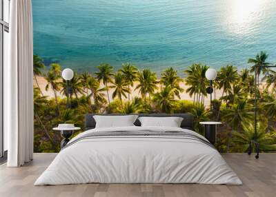 Tropical Beach. Sandy beach with palm and turquoise sea. Summer vacation and tropical beach concept. Wall mural