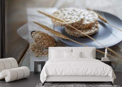 Cereal bread on vintage wooden table. Top side view with copy space. Selective focus Wall mural