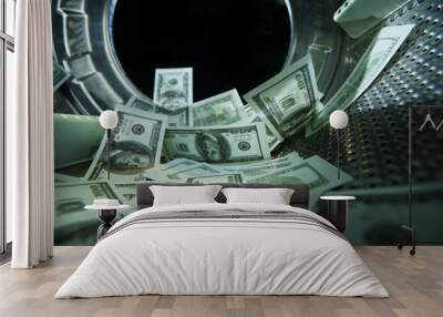 Washing banknotes in machine, money laundering, financial fraud concept Wall mural