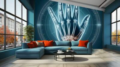 A detailed x-ray image of a human hand skeleton against a dark background, illustrating bone structure and anatomy. Wall mural