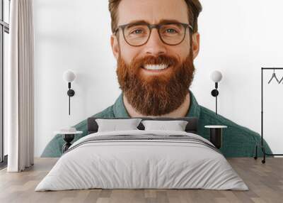 Portrait of a smiling bearded man with glasses, wearing a green shirt, isolated on a transparent background. Wall mural