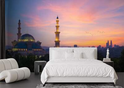 Tranquil scene of public mosque, Wilayah persekutuan mosque at sunrise in Kuala Lumpur, Malaysia Wall mural