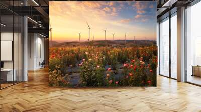 Windmills for electric power production on mountain Wall mural