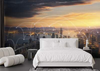 Wireless communication network in Big city concept. IoT(Internet of Things). ICT(Information Communication Technology). Wall mural