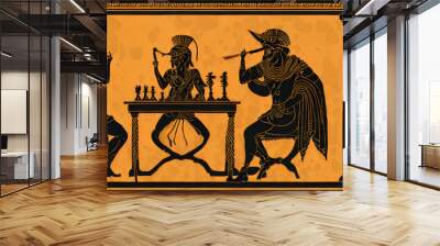 greek mythology character silhouettes of people playing chess on yellow background in ancient amphora painting style, generative ai Wall mural