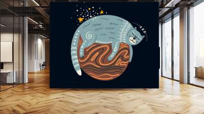 Vector childish hand-drawn illustration. Gray cat sleeping on the planet in space Wall mural