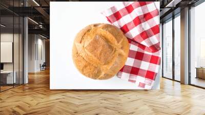 Hand made bread on red and white napkin and white background. top view, copy space Wall mural