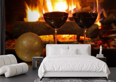 romantic dinner for two, two glasses of red wine, christmas Wall mural