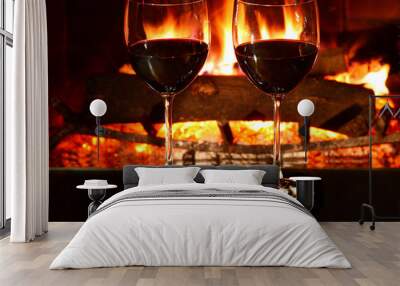 romantic dinner for two, two glasses of red wine Wall mural