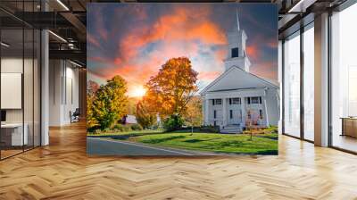 Beautiful sky over a white church in Vermont USA Wall mural