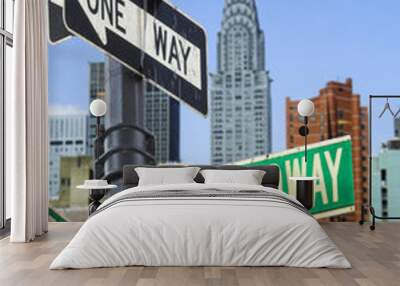 Broadway sign in front of New York City skyline Wall mural