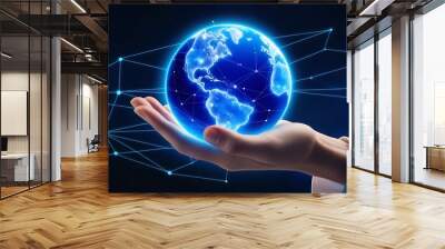 A pair of hands holding the Earth hologram, glowing with blue light and surrounded by a dark background The planet is depicted in full detail against the black space Generative AI   Wall mural