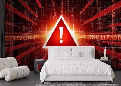 Abstract red digital background with an orange exclamation sign and warning triangle symbol on a cyber grid or network screen, representing an online security warning for system security   Wall mural