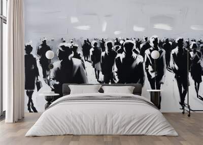 Black and white sketch of a crowd, people in silhouette with their backs to the viewer against a white background, with brush strokes and fine lines and hatching Generative AI   Wall mural