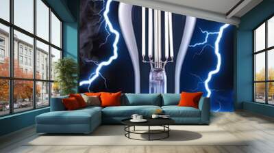 Blue light bulb and lighting strike, bright static electricity energy and power. Danger spark shock, glowing thunder bolt flash, illuminated, innovation, technology (17) Wall mural