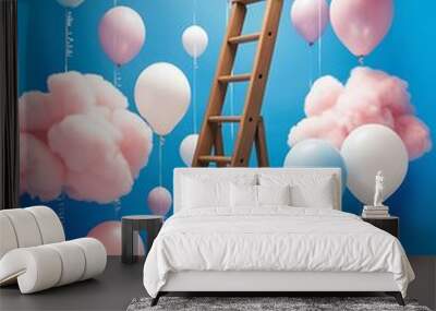 Ladder to the Sky with Balloons and Clouds in Pastel Colors - Growth, Future, Development Concept in Minimal Creative Party Design (16) Wall mural