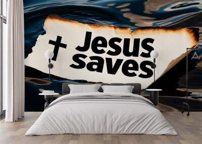 Paper note with Christian cross symbol and text Jesus saves floating on water. Faith in Christ resurrection and gospel of salvation, messiah crucifixion for hope of redemption and forgiveness, heaven  Wall mural