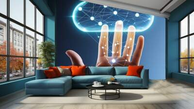 Person hand holding a virtual cloud representing how digital transformation is accelerating as businesses adopt cloud-based solutions to enhance agility and streamline operations (21) Wall mural