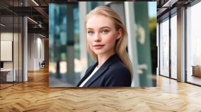 Portrait of a beautiful blonde caucasian european woman in suit outdoors with a blurry business center in backdrop (11) Wall mural