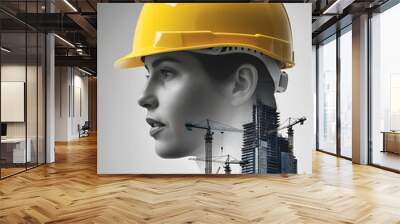 Portrait of a young construction worker woman with safety helmet letting see city buildings under construction on white background with copy space (2) Wall mural