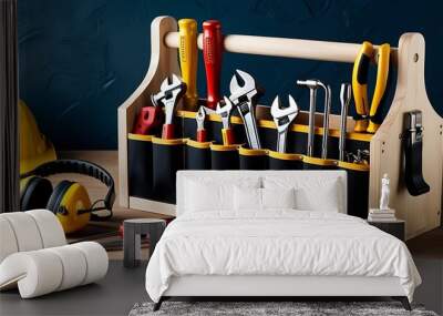 Safety Gear and Toolbox with Assorted Hand Tools on Wooden Surface in Workshop Setting (1) Wall mural