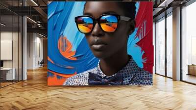 Vibrant Contemporary Pop Art Portrait of Stylish African Man with Bow Tie and Sunglasses on Blue Flower Background (24) Wall mural