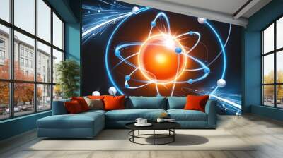 Visualization of atomic structure with electrons orbiting a nucleus, representing fundamental concepts in quantum mechanics (24) Wall mural