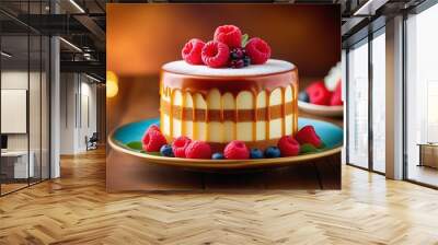 Caramel sponge cake with fresh berries on plate. Delicious cake covered with caramel and decorated with raspberries on wooden table. Beautiful fresh cake for dessert. Close-up, side view Wall mural