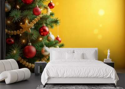 Christmas tree with toys, tinsel and garlands. Large glass red and golden balls. Festive decor of the living room of an apartment or house. Close-up, yellow background, copy space for text Wall mural