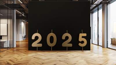 2025 Happy New Year. Top view of gold numbers on black background. Copy space, flat lay. Wall mural