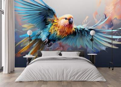 blue and white parrot flying in the sky Wall mural