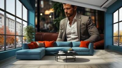 young handsome man in elegant suit sitting in bar Wall mural