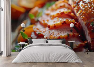 Honey glazed ham sliced and arranged on a serving dish. Wall mural