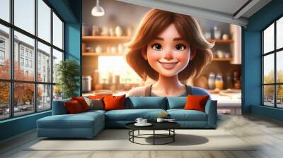 A detailed whimsical animated art scene showing a woman cartoon character in the kitchen. Generated image Wall mural